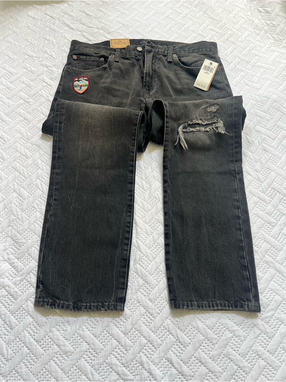 RALPH LAUREN HAMPTON Men's Straight Black Distressed/Patch detail Jeans 34/32